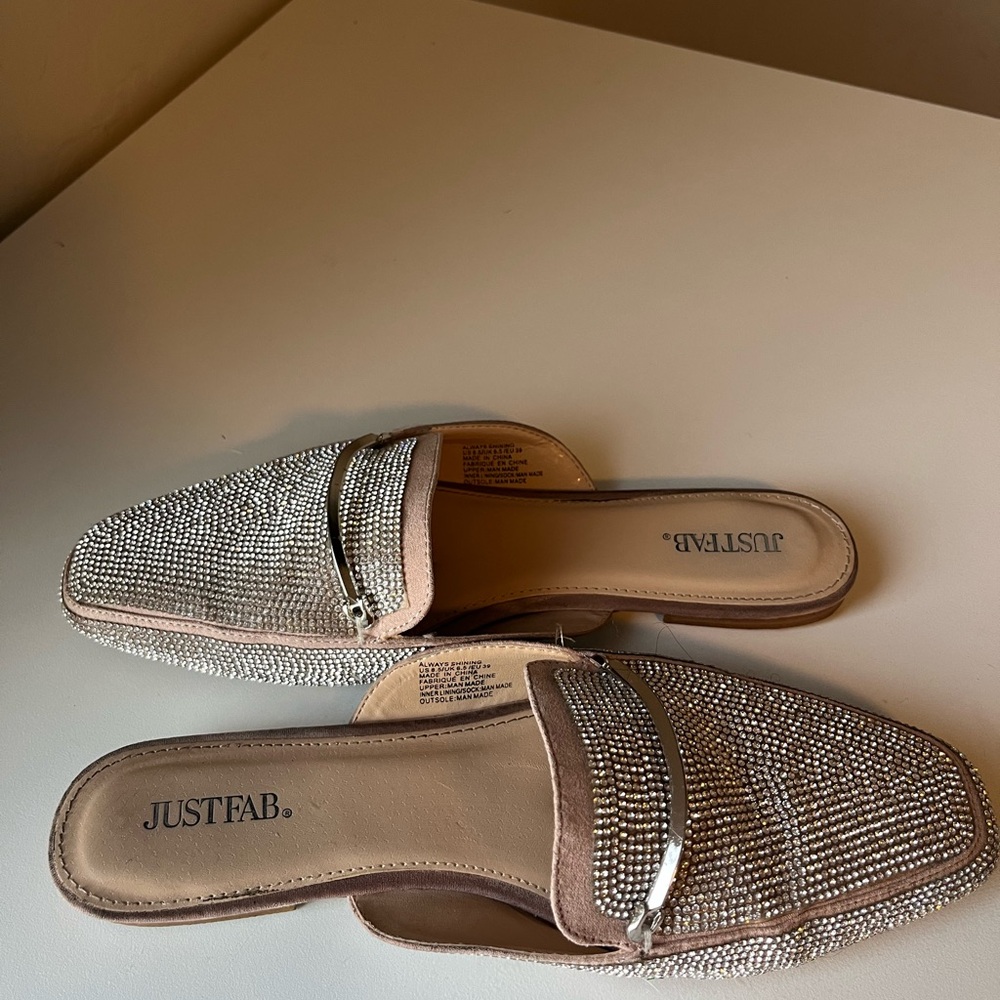 JustFab Silver Mules with Sparkling Upper